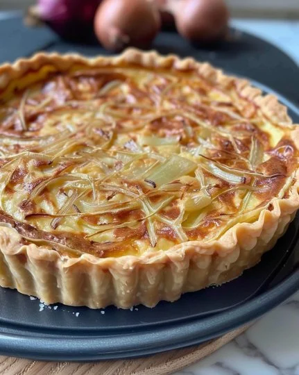Tarta de Cebolla fresca y dorada, lista para servir.