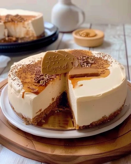 Tarta de queso lotus decorada con galletas lotus y caramelo