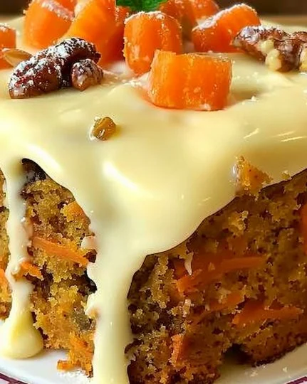Tarta de zanahoria decorada con nueces y glaseado