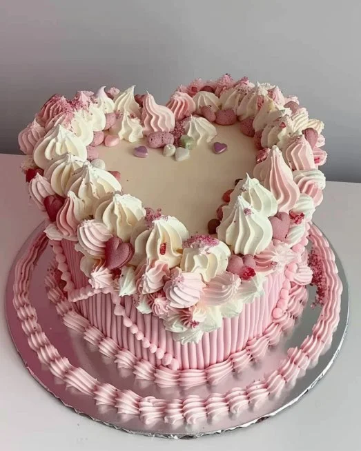 Tarta en forma de corazón decorada, ideal para celebraciones y ocasiones especiales.