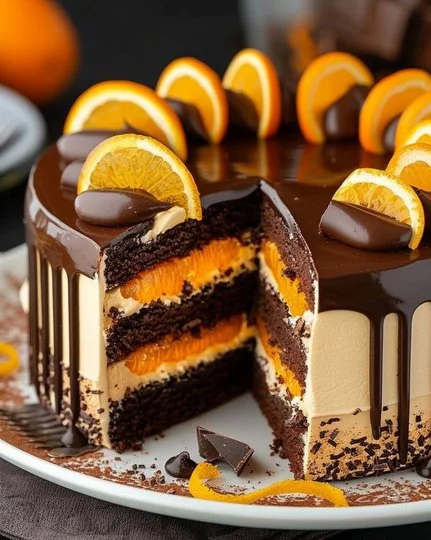 Torta de chocolate y naranja decorada con rodajas de naranja