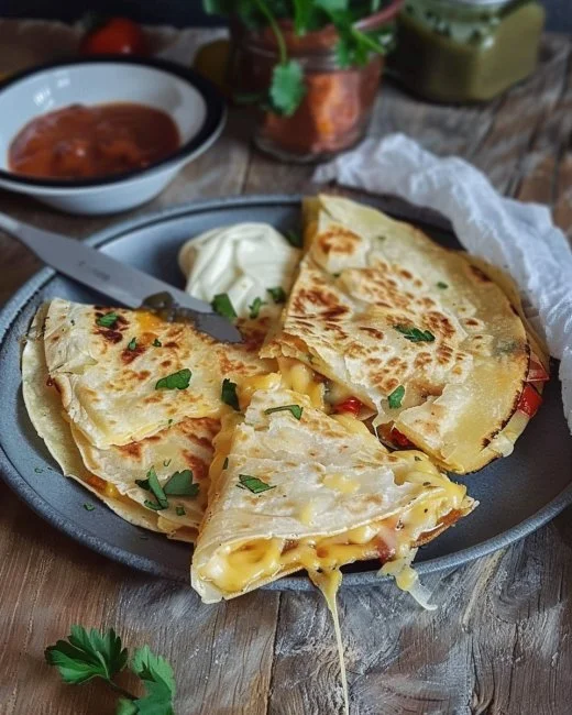 Tortilla de queso dorada y deliciosa en un plato