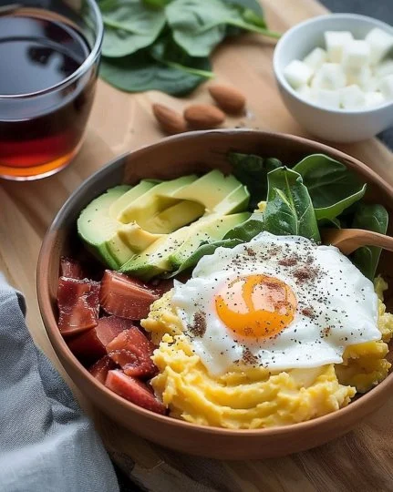 Desayuno rico en proteínas y bajo en carbohidratos con ingredientes saludables.