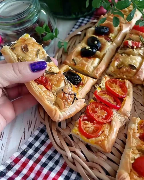 Variedad de aperitivos de hojaldre listos para servir en una mesa elegante.