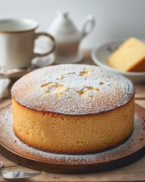 Bizcocho de la Abuela recién horneado, dorado y esponjoso en un plato.