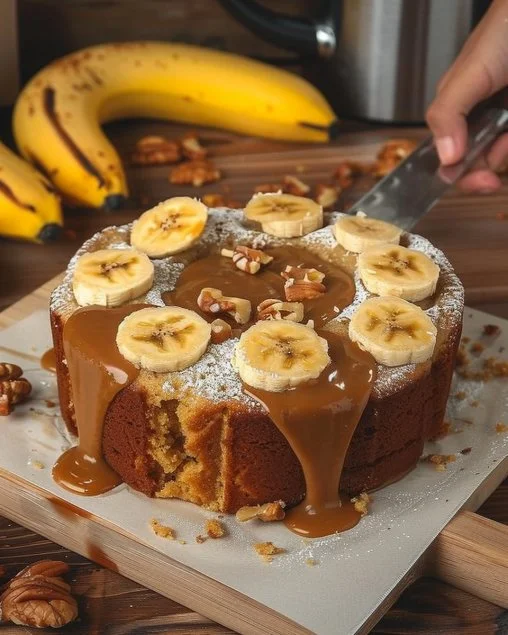 Bizcocho esponjoso de plátano con dulce de leche recién horneado