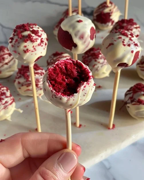Bolas de pastel de terciopelo rojo decoradas con frosting y sprinkles