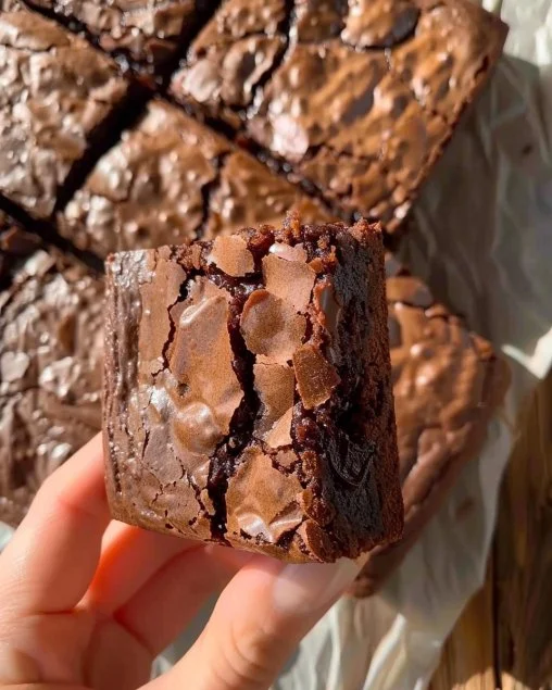 Brownie de chocolate recién horneado y decorado con nueces.