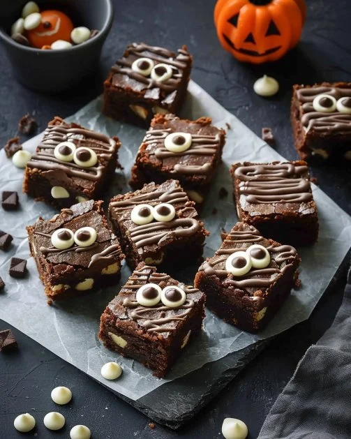 Brownies de Halloween decorados con motivos espeluznantes y coloridos