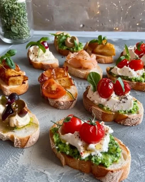 Deliciosa bruschetta con tomate y albahaca en plato blanco.