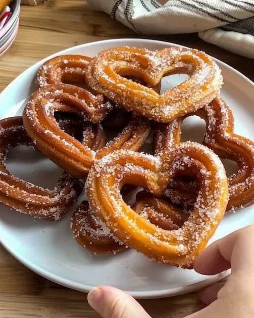 Churros en forma de corazón recién hechos y espolvoreados con azúcar