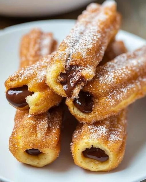 Churros rellenos de Nutella recién preparados y espolvoreados con azúcar