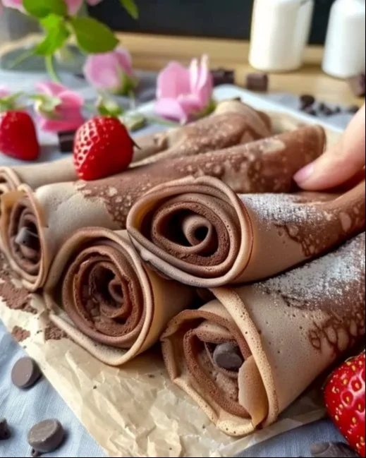 Crepes de chocolate servidos con fresas y crema batida