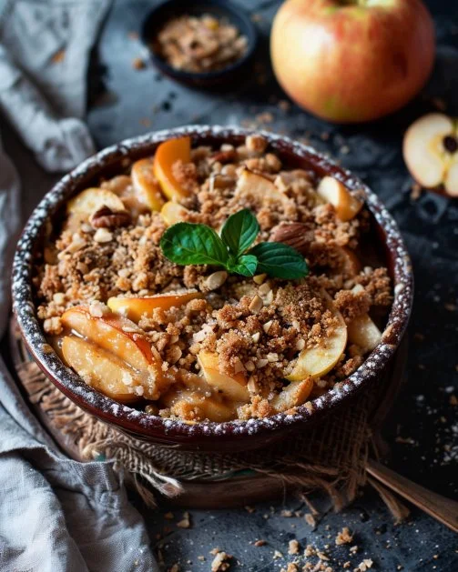Delicioso Crumble de Manzana y Nuez recién horneado, ideal para postres
