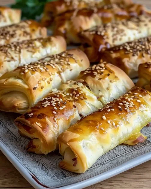 Enrollados de hojaldre rellenos de jamón y queso en una bandeja