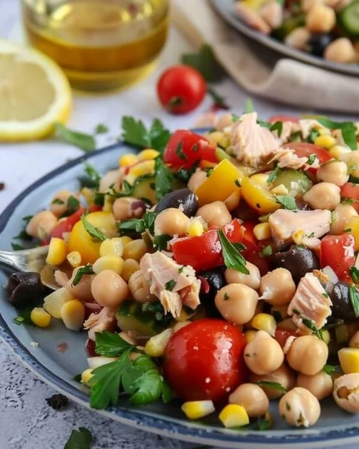 Ensalada de garbanzos y atún fresca y colorida, ideal para el verano.