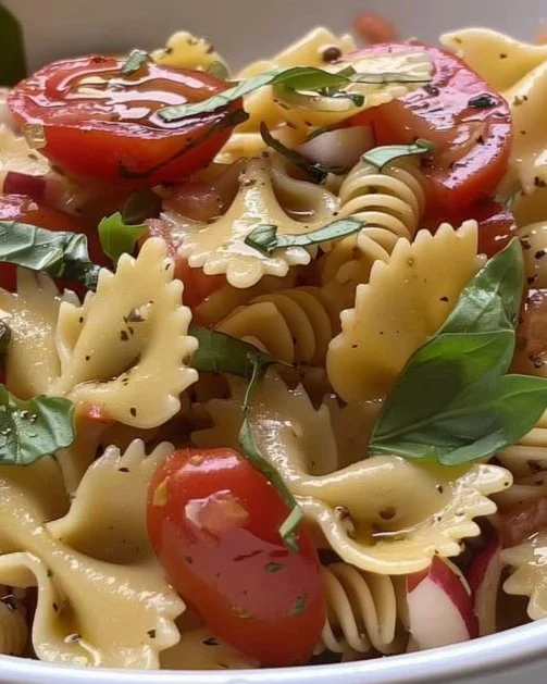 Ensalada de Pasta Caprese con tomate, mozzarella y albahaca fresca