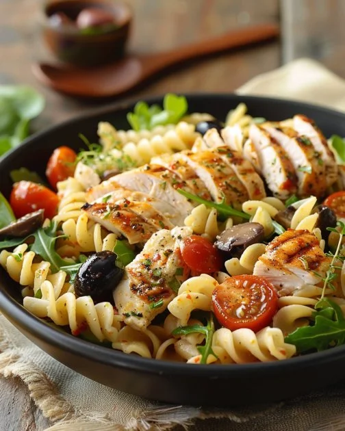 Ensalada de pasta César con pollo fresca y deliciosa