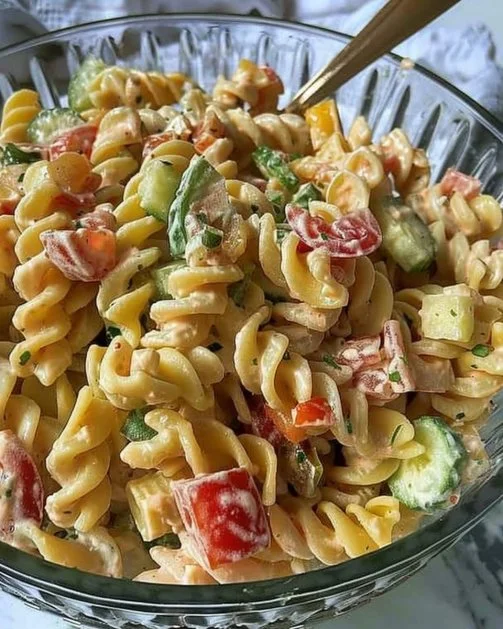 Ensalada de pasta cremosa con vegetales frescos y aderezo delicioso