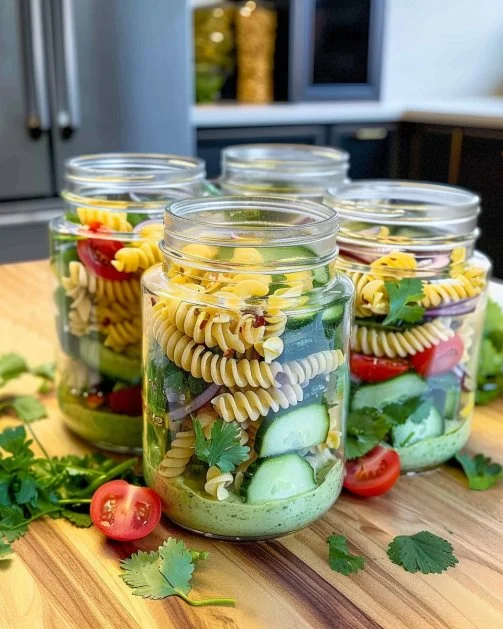 Ensalada de pasta perfecta para meal prep con vegetales y aderezo saludable