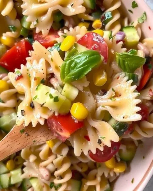 Ensalada de pasta vegana fresca y colorida con verduras