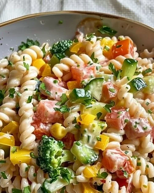 Deliciosa ensalada fría con vegetales frescos y aderezo saludable.