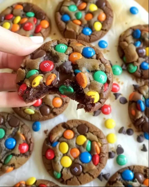 Galletas fudgy con M&Ms y chispas de chocolate colocadas en un plato.