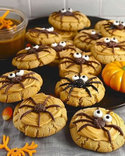 Galletas de araña decoradas con mantequilla de maní y chocolate