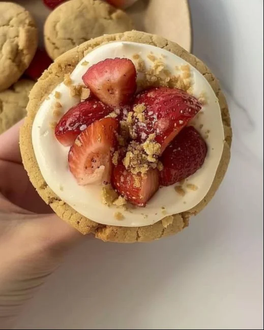 Galletas de cheesecake de fresa recién horneadas con fresas frescas.
