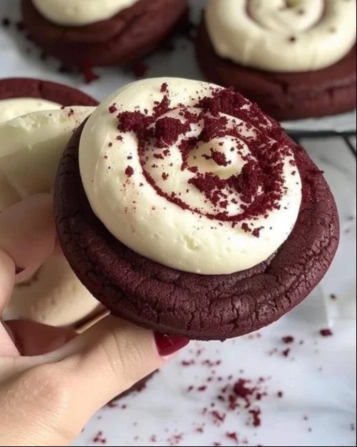 Galletas de Terciopelo Rojo al Estilo CRUMBL en una bandeja de repostería