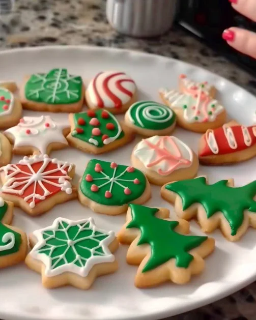 Placa de galletas navideñas decoradas con glaseado colorido y chispas.