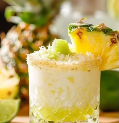 Margarita de Piña y Coco en un vaso con decoraciones tropicales