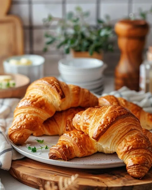 Medialunas de manteca recién horneadas con un acabado dorado y esponjoso