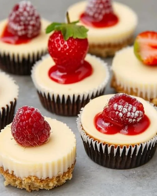 Deliciosos mini cheesecakes decorados con frutas y chocolate