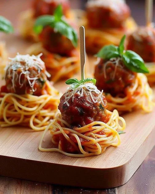 Mini espaguetis y albóndigas servidos como aperitivo delicioso
