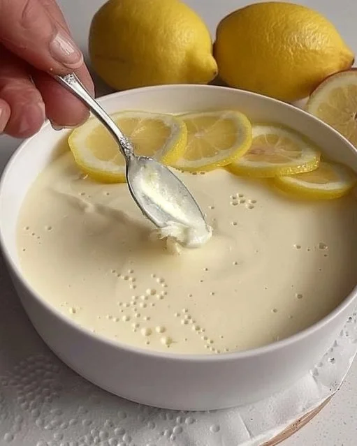 Mousse de Limón en un elegante vaso decorado con rodajas de limón