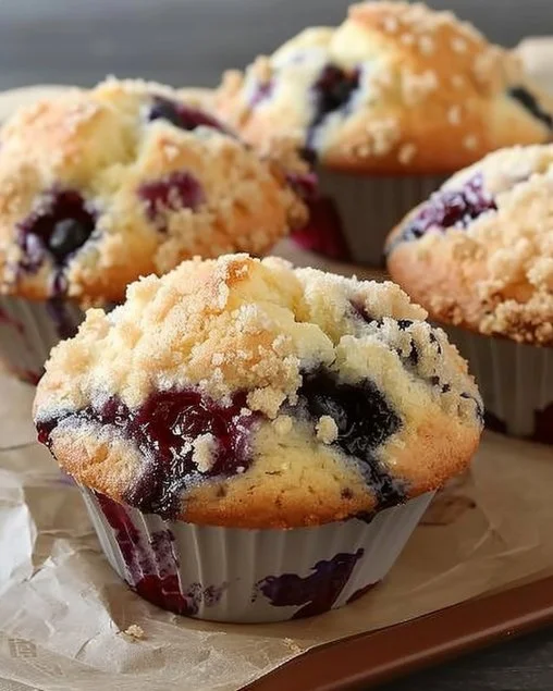 Muffins de vainilla con arándanos y crumble recién horneados