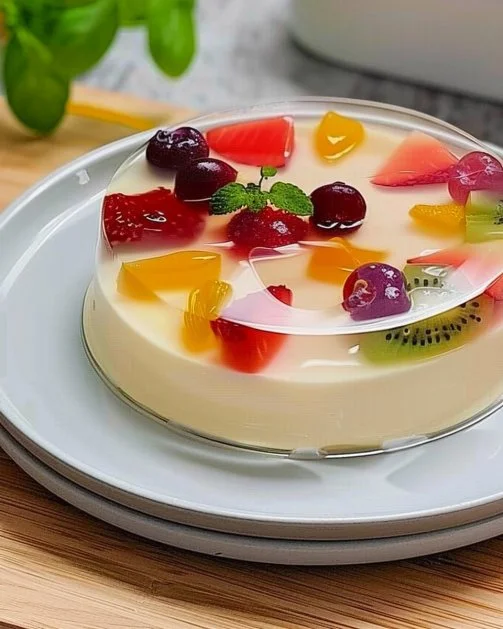 Panna Cotta con gelatina de fruta en un plato decorativo