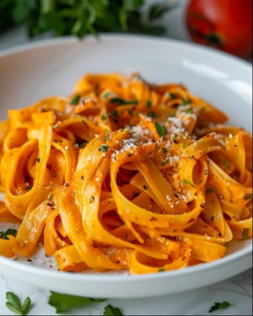 Plato de Pasta de Zanahoria con ingredientes frescos y coloridos.