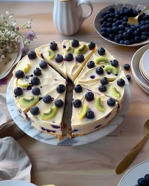 Pastel de capas de arándano decorado con frutos frescos