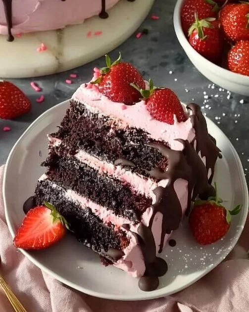 Pastel de chocolate decorado con fresas frescas y crema