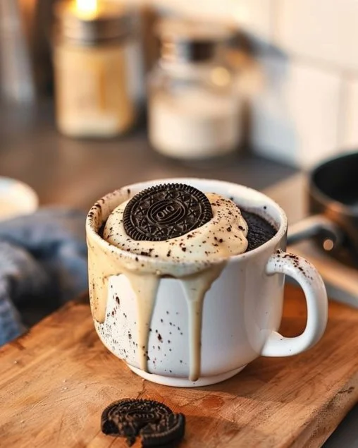 Pastel de Oreo en Taza listo para disfrutar, ideal para un postre rápido y delicioso.
