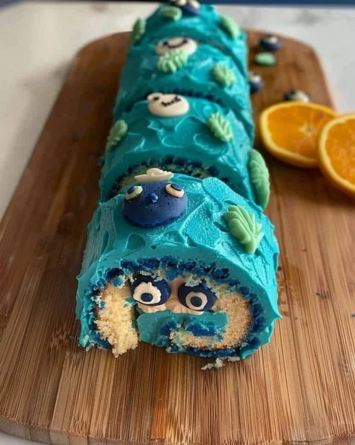 Pastel Rollo Tropical Azul inspirado en Stitch con decoraciones llamativas