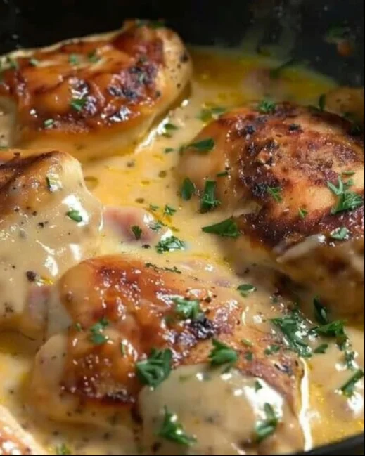 Plato de pollo cremoso presentado en una mesa elegante