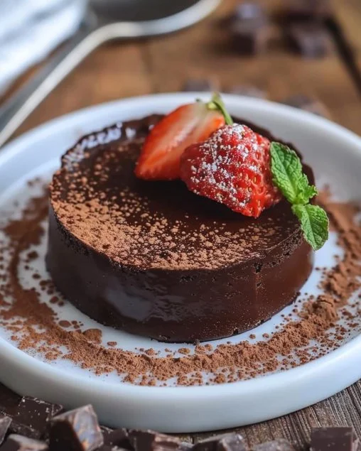 Postre de chocolate decorado con fresas y crema