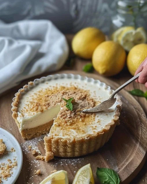 Delicioso Postre de Limón decorado con limón y galletas en una mesa