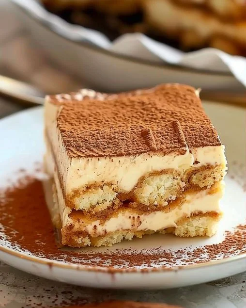Plato de tiramisú clásico decorado con cacao y café