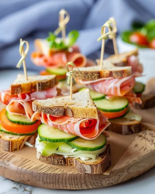 Sándwiches de té fáciles servidos en una bandeja con tazas de té.