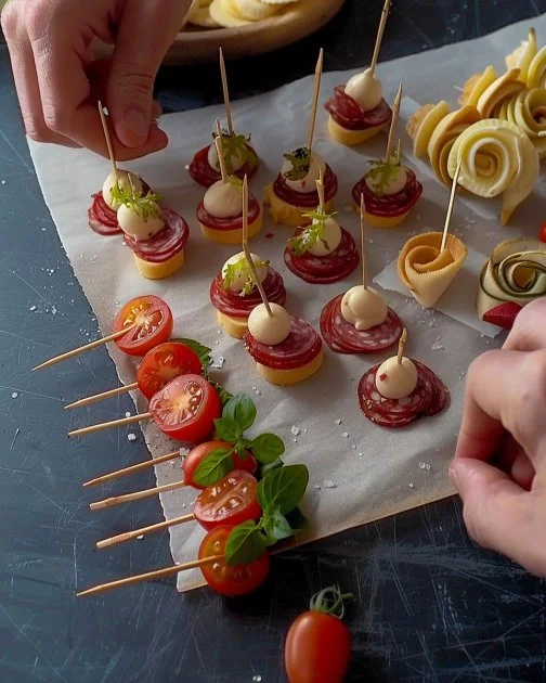 Snack de Salami y Queso con Tomate en un plato atractivo