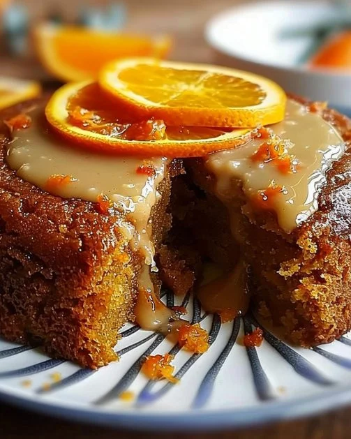 Tarta de zanahoria y naranja decorada con rodajas de naranja y nueces